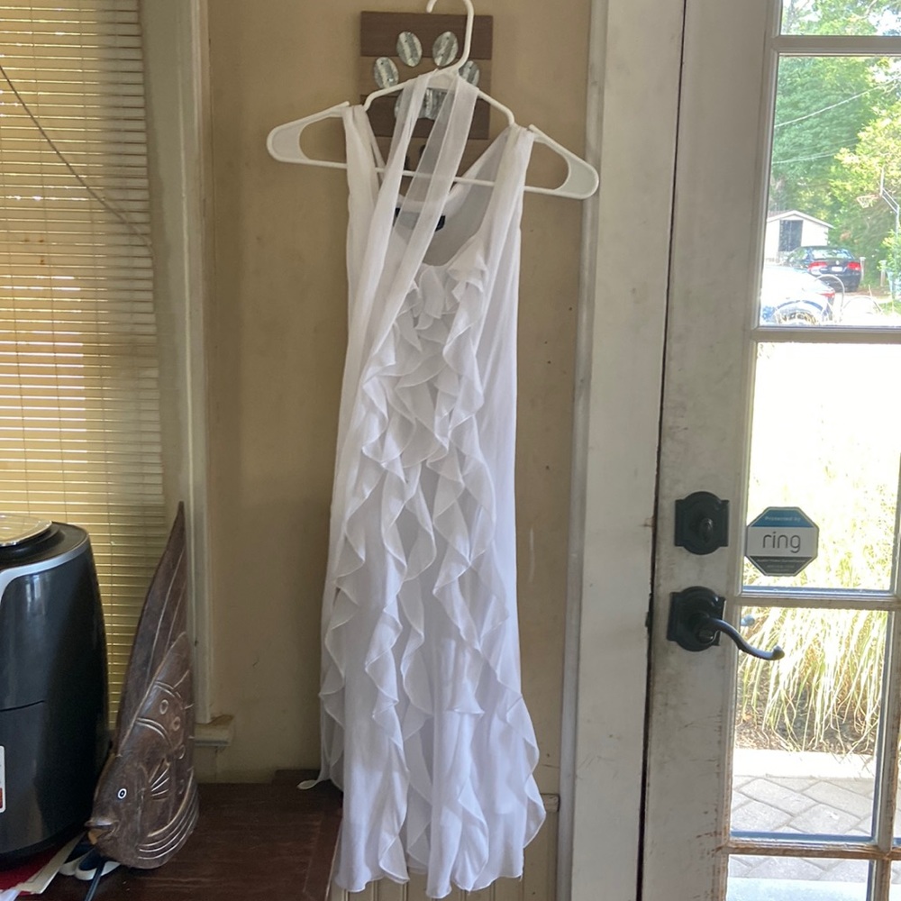 Lightweight, belted, frilly front white dress
